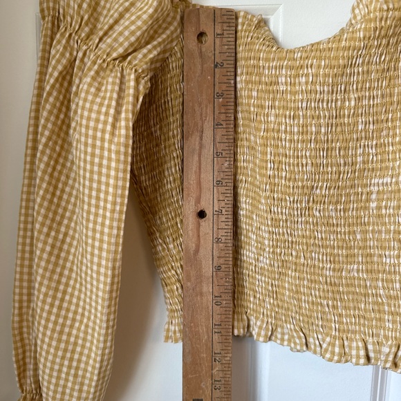 Urban Outfitters Yellow Ruffled Ruche Crop Top Smocked Long Sleeve Checkered S - Picture 14 of 14